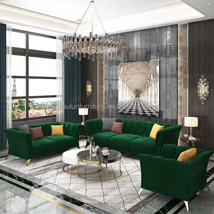 living room green 4 3 seater sofa velvet with golden legs