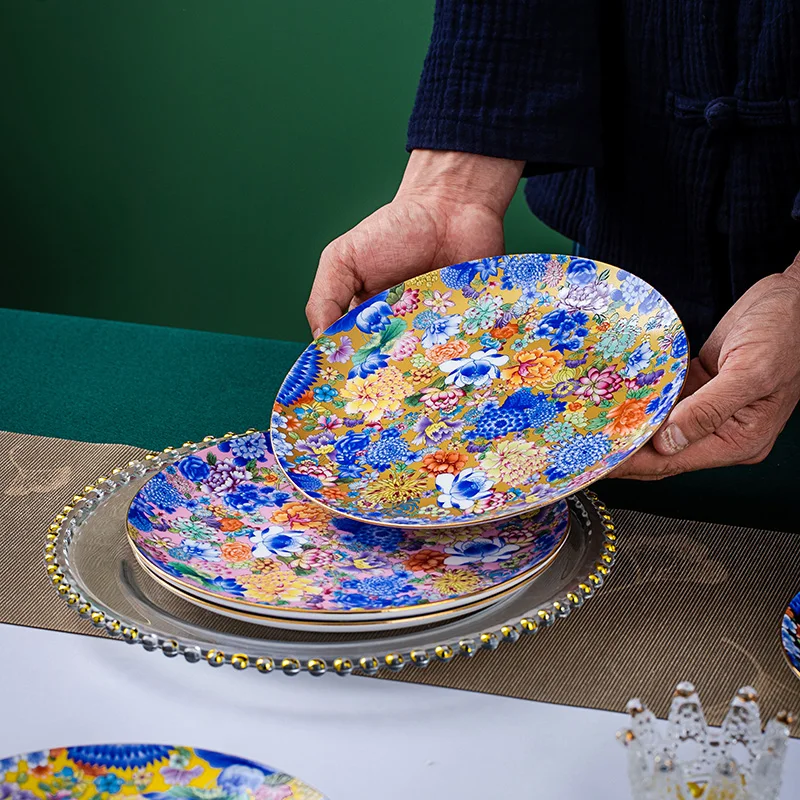 Doucai Wan Hua Series-8 Inches Full Flower Flat Plate Non-Circle High-End Tableware Non-Deep Dish Salad Steak Bowls for Export