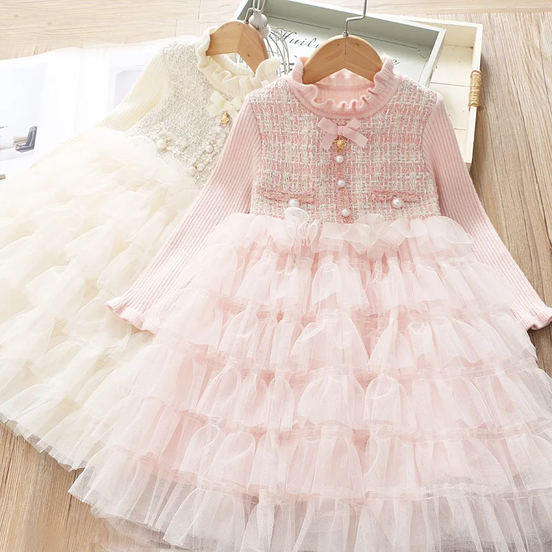 Sweet girl cake dress autumn new girl layered mesh yarn stitching dress