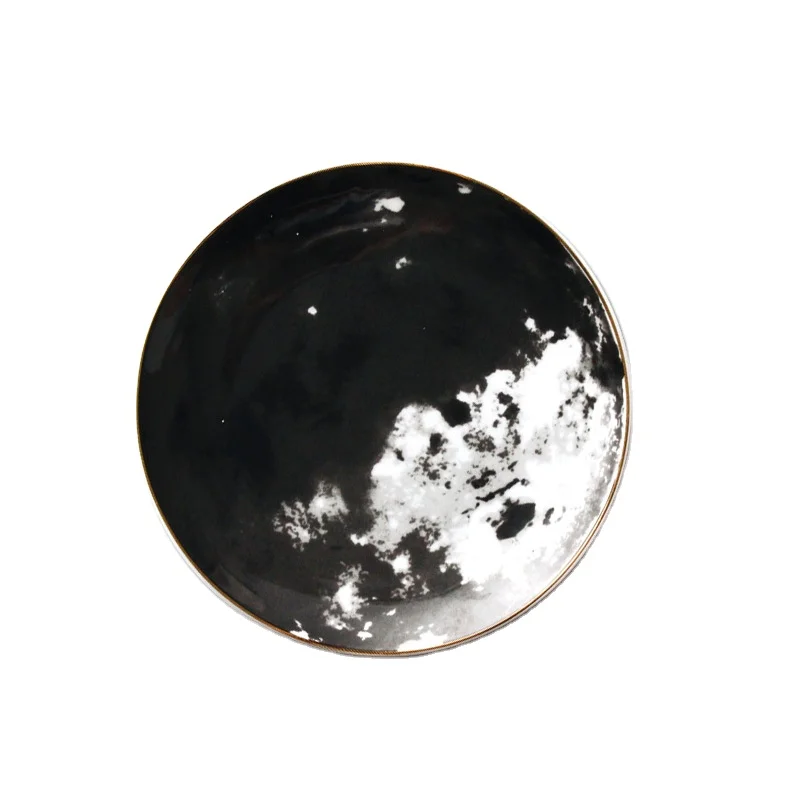 Unique moon design gold rim restaurant cake dessert steak plate ceramic charger plates for weddings