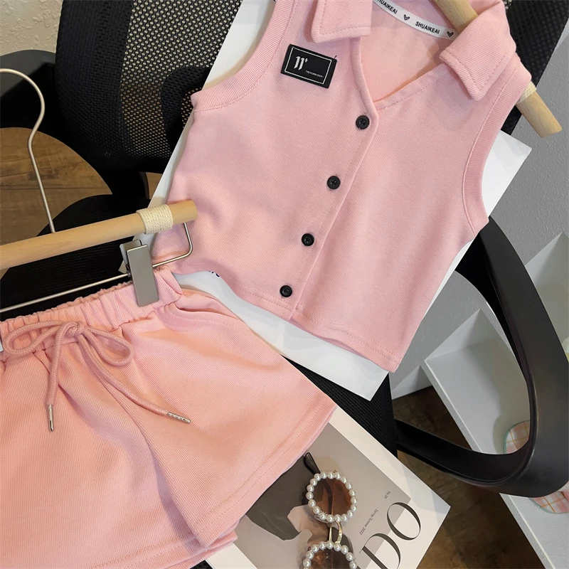 Conyson Korean New Children 2023 Summer Pink Lapel New Girls Cute Soft Cardigan Sleeveless Baby Shorts Kids Two-piece Girl Set