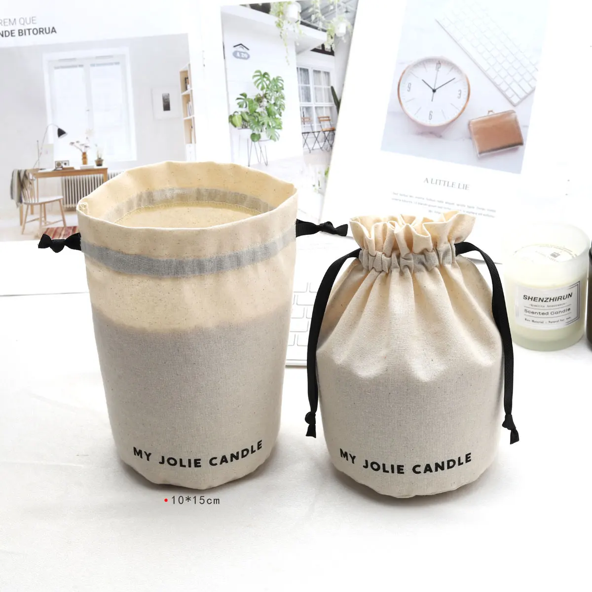 Custom Organic 100% Cotton Round Bottom Gift Candle Bag Custom Logo Printed Muslin Drawstring Dust Pouch For Candle Up