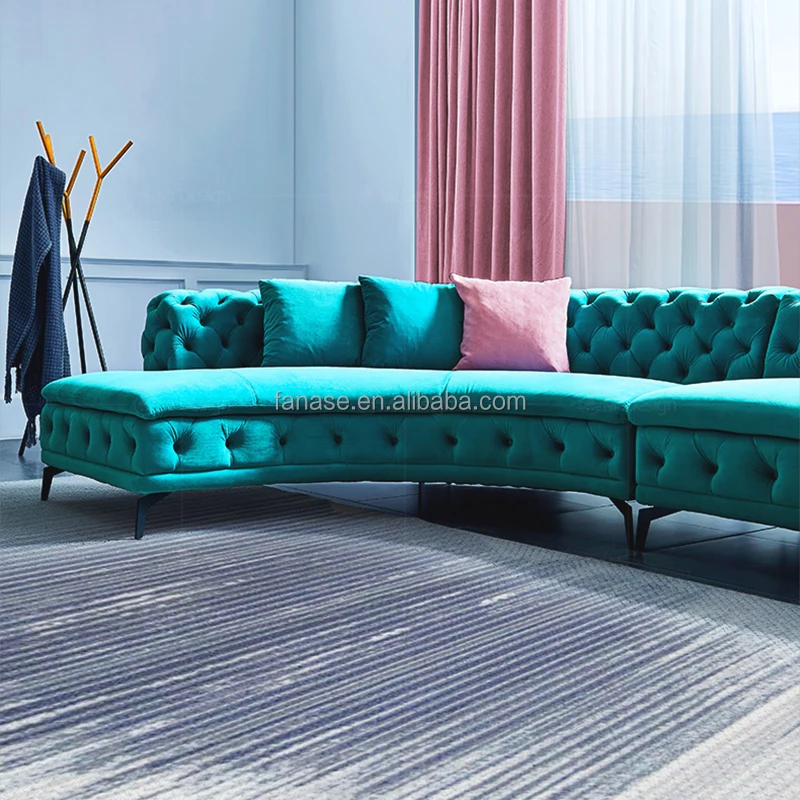 Nordic Light Luxury Fabric Sofa Villa Family Living Room Modern L-shaped Fabric Corner Pull Buckle Blue Curved Sofa