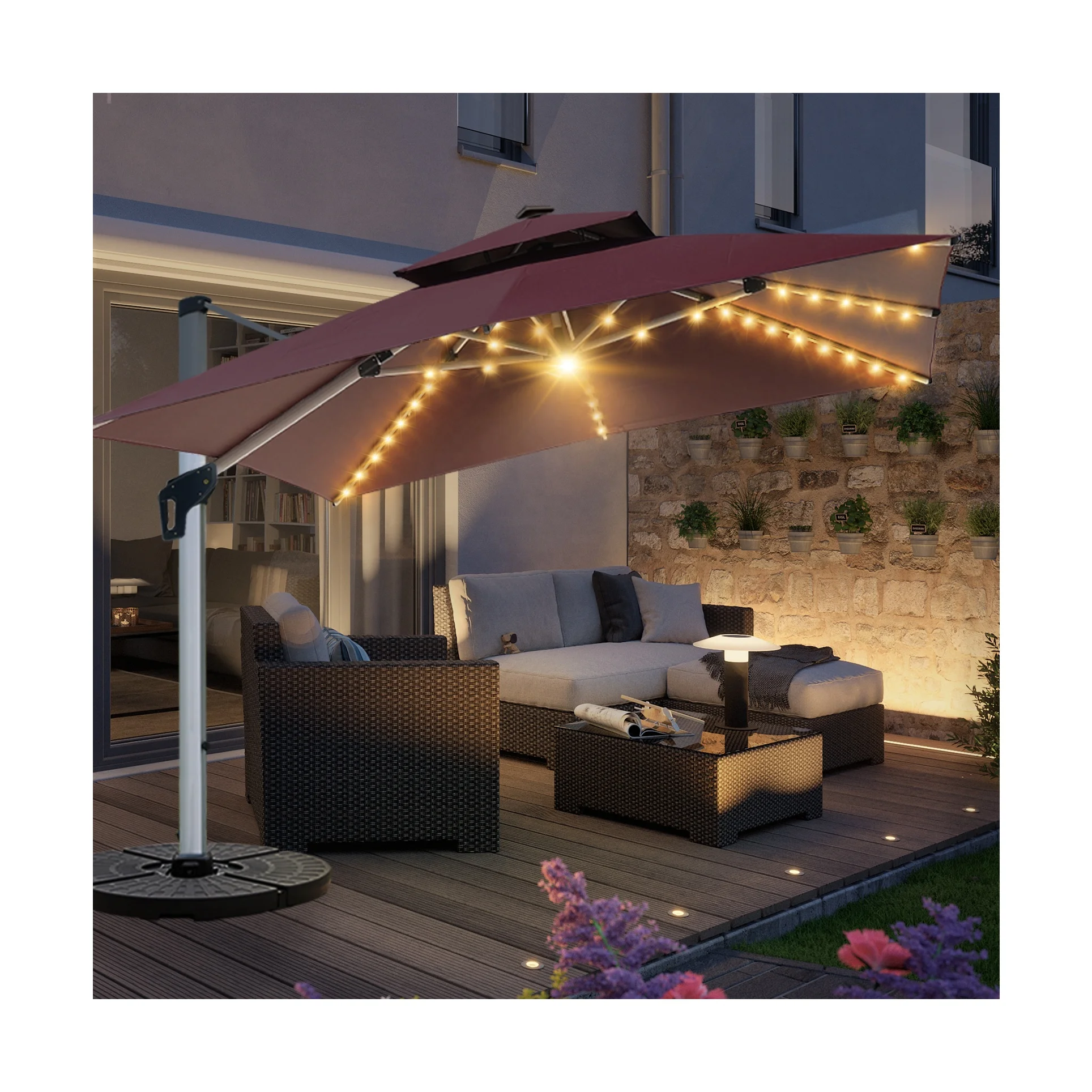 MOJIA factory outlet garden umbrellas with base 3*3M LED parasols with solar panel cheap patio umbrella