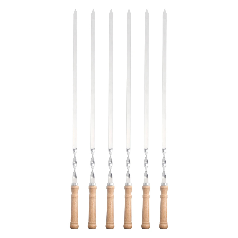 6 PCS portable barbecue skewers stainless steel wooden bbq grill kebab skewer