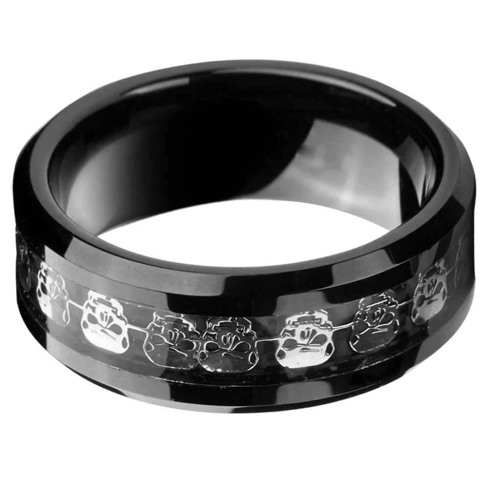 Men Silver Skull Skeleton Inlay Carbon Fiber Wedding Band Promise Rings Black Tungsten Carbide Rings