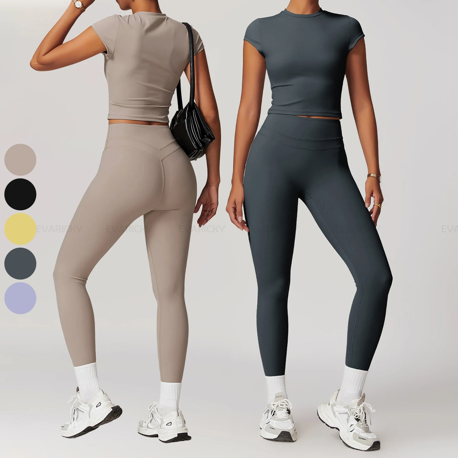 Wholesale Yoga Outfit Women 2 Piece T Shirt Crop Top Gym Leggings Fitness Clothes Sport Set Womens