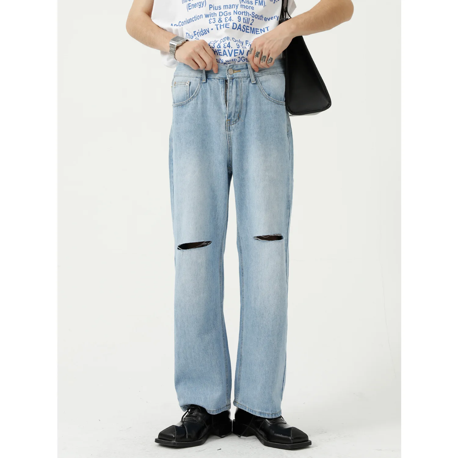 male 2021 unisex Have STock popular  High Street Harajuku Hipster personality blue baggy jeans Designer knee hole designer jean