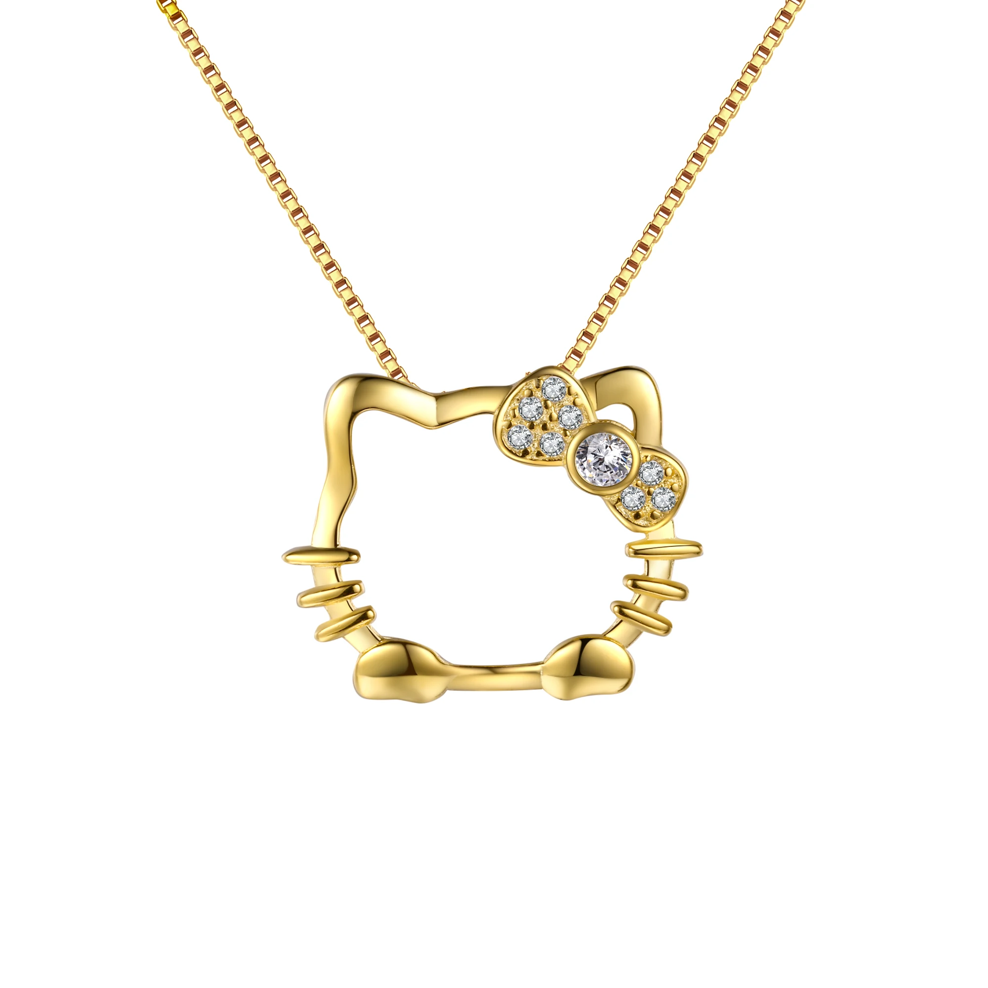 925 Sterling Silver Inlay Zircon Hello Kitty Pendant 18K Gold Plated Minimalist Trendy Korea Style Silver Necklace For Women