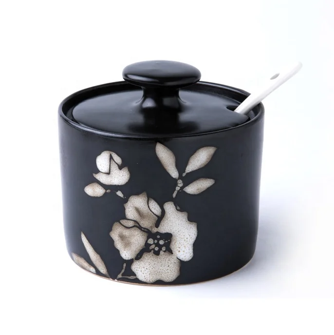 Black silk screen print herbs and spices jars with lid and spoon