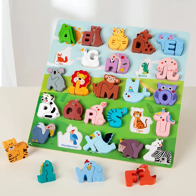 CPC EN71 Children English Learning Wooden Alphabet Puzzle Board Animal Shape Cognitive Kids Wooden Education Puzzle Toy