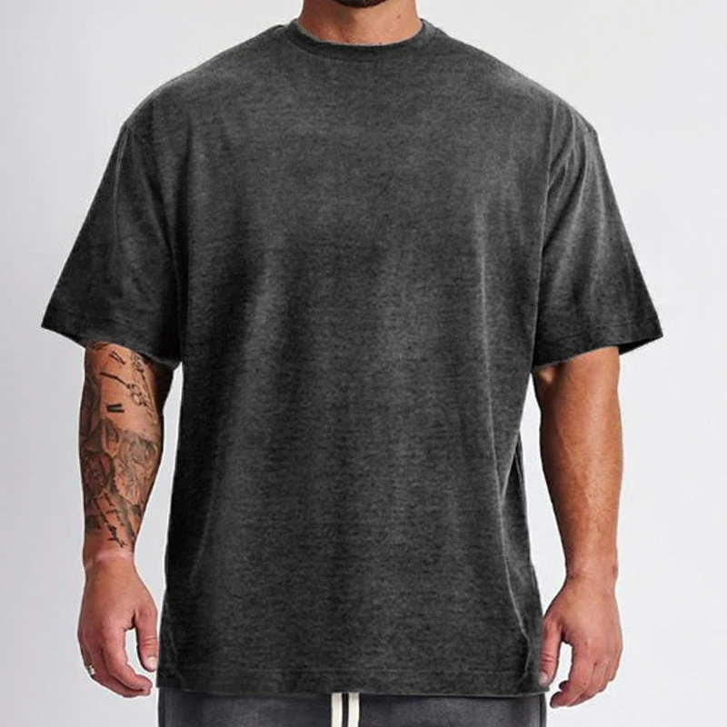 Custom Mens Big Tall Blank Drop Shoulder Sleeve Gym T-shirt Cotton Plain Fat tshirts Round Collar White Loose Cotton T-shirts