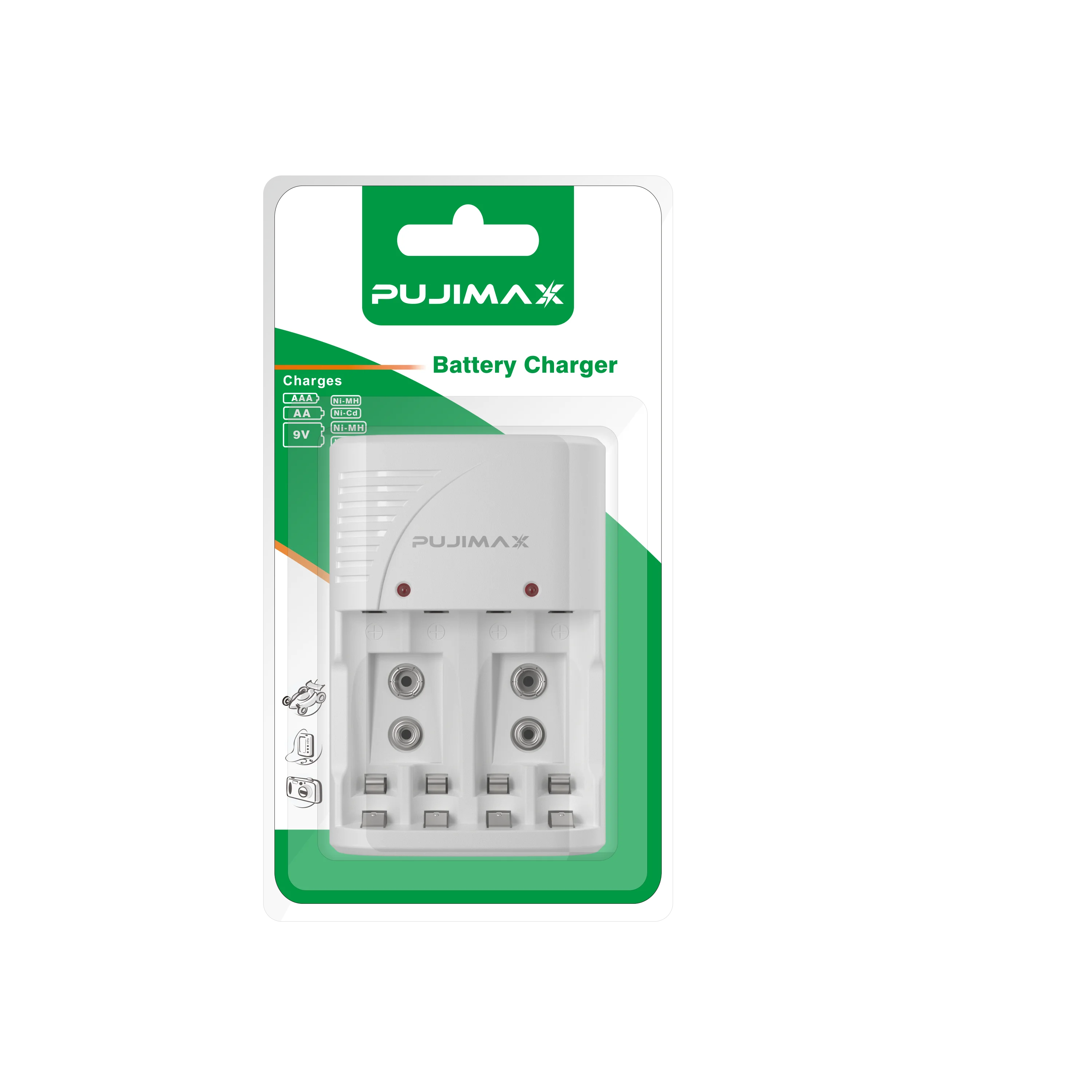 PUJIMAX 4 Slot Wall Smart Battery Charger EU US BIS  UK SAA Plug For 1.2V AA AAA Nimh Nicd And 9V Rechargeable Batteries