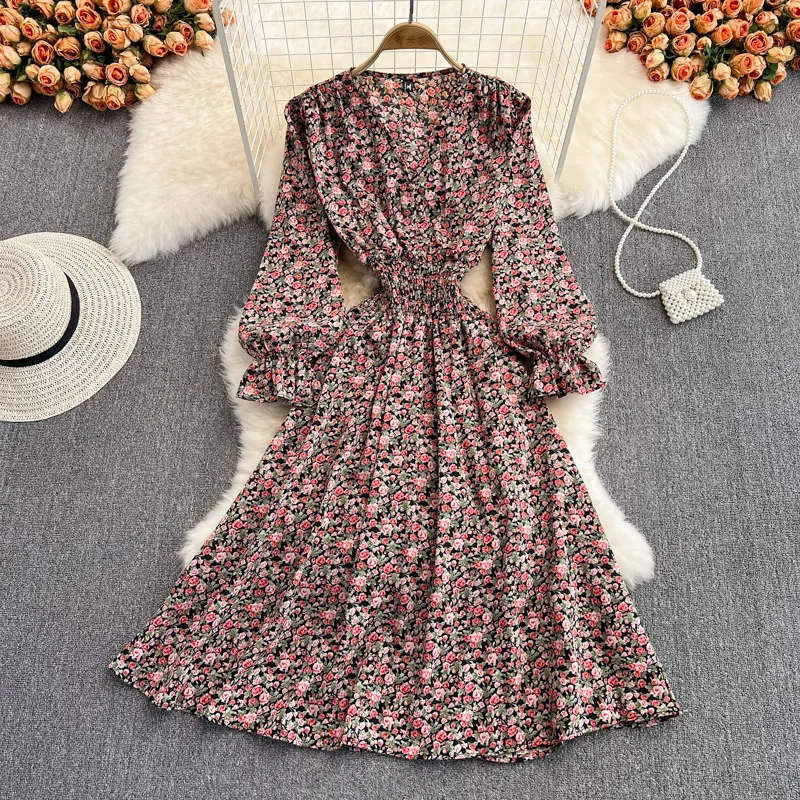 R30442S 2022 Small floral long skirt spring and summer fashion new style gentle wind waist slimming V-neck chiffon dress women
