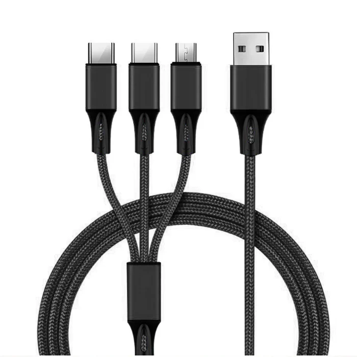 
Factory direct sales 3.0a Fast Charging 3 In 1 Multi-function Nylon Usb Data Charger Cable 