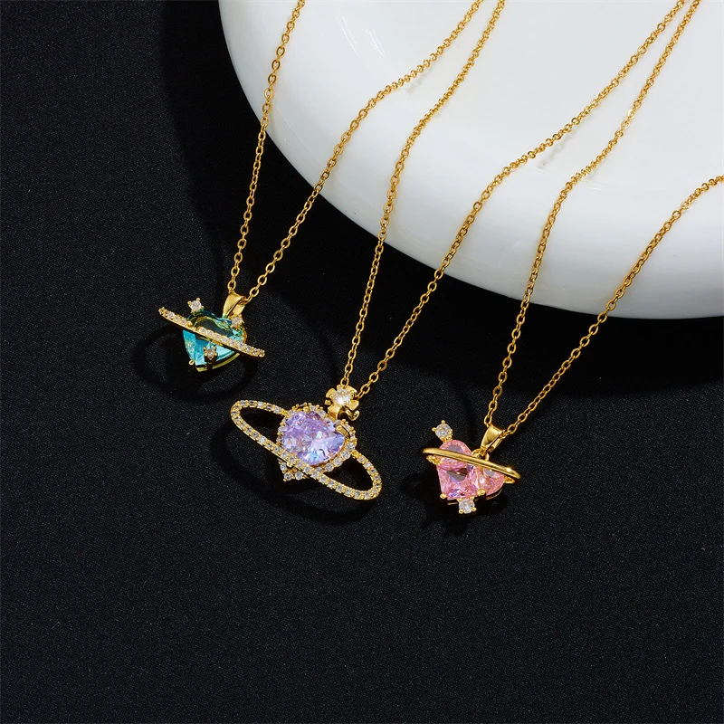 Fashion Gold Plated Brass Romantic Planet Saturn Love Heart Colorful CZ Zircon Crystal  Pendant Necklace for Women Gifts