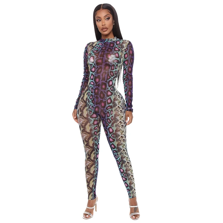 2022 New Fashion Sense Colored Snake Skin Digital Print Jumpsuit Women Anime Sexy One Piece Bodysuits Playsuit