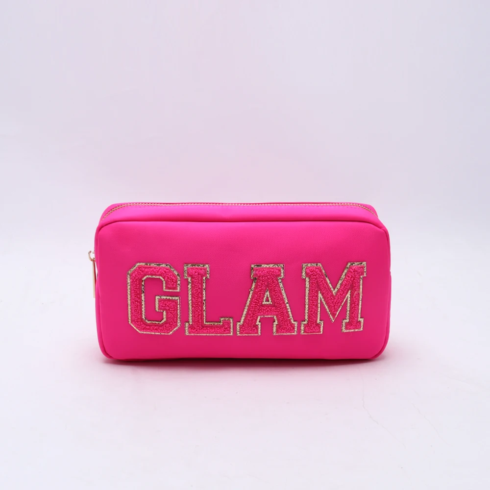 Waterproof Zipper Toiletry Bag Travel Makeup Bags DIY Embroidery Letter Patches Girls Beauty Pouches Portable Cosmetic Bag