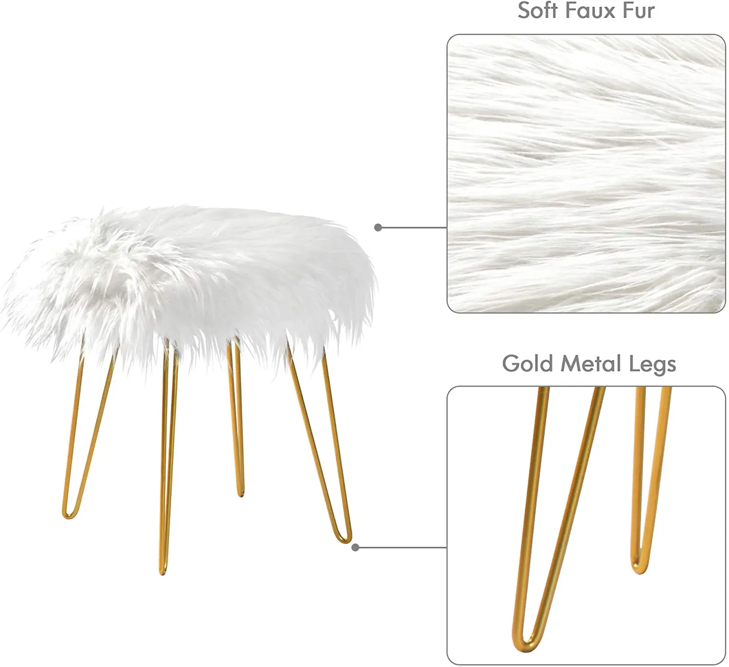Footrest with Hair Pin Metal Legs for Living Room Furry Padded Ottoman Seat White Faux Fur Vanity Stool ottoman