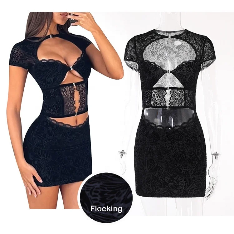 F3463-fashion summer 2024 black party dress lace flocking sexy hollow out dress for ladies