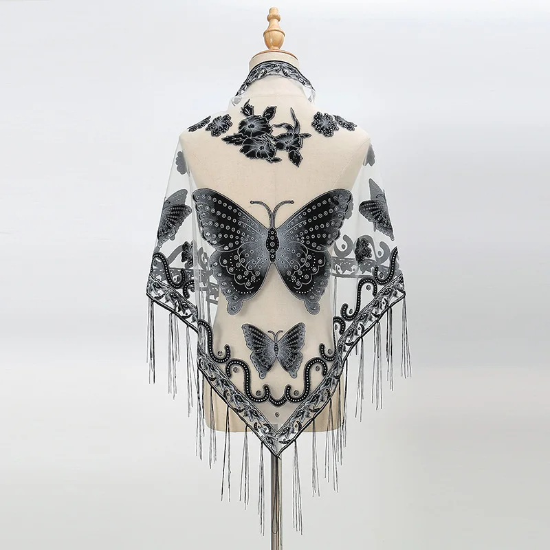2023 New Arrival Bridal Butterfly Printed Triangle Shawl Embroidery Lace Scarf with Tassel