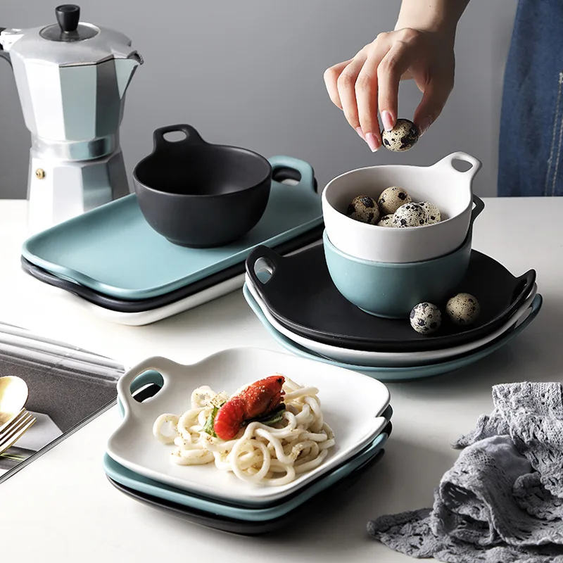 Japanese-style simple solid color frosted and matte binaural baking pan fruit salad plate breakfast plate household ceramic dish