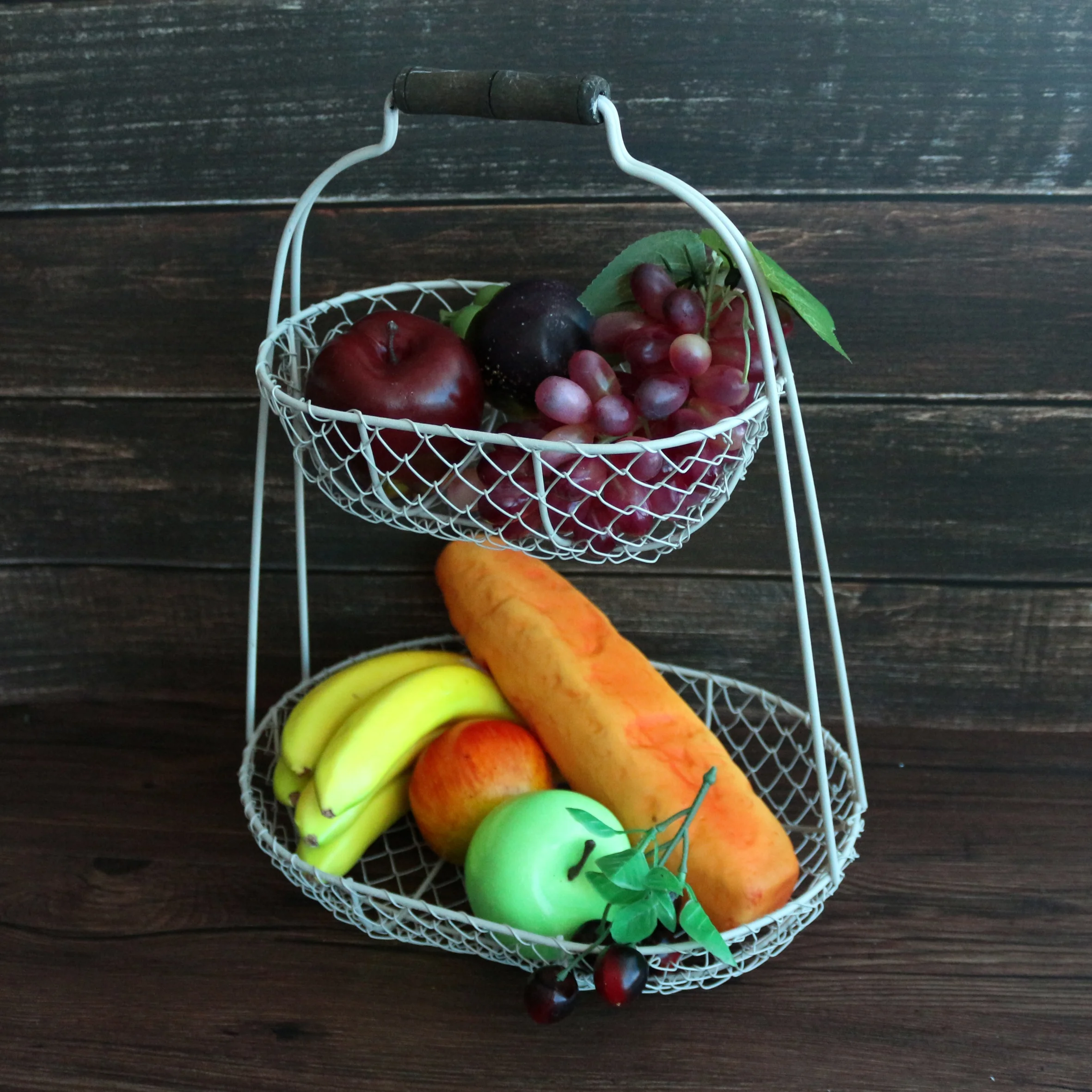 
Rustic Chicken Wire 2 Tier Fruit Basket Metal Gathering Basket with Handle Country Vintage Style Storage Basket. Grey 