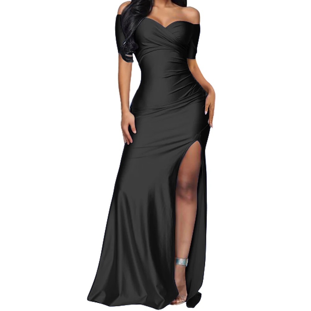 Summer fashion woman formal off shoulder short sleeve wrap split elegant long maxi dresses cocktail dresses