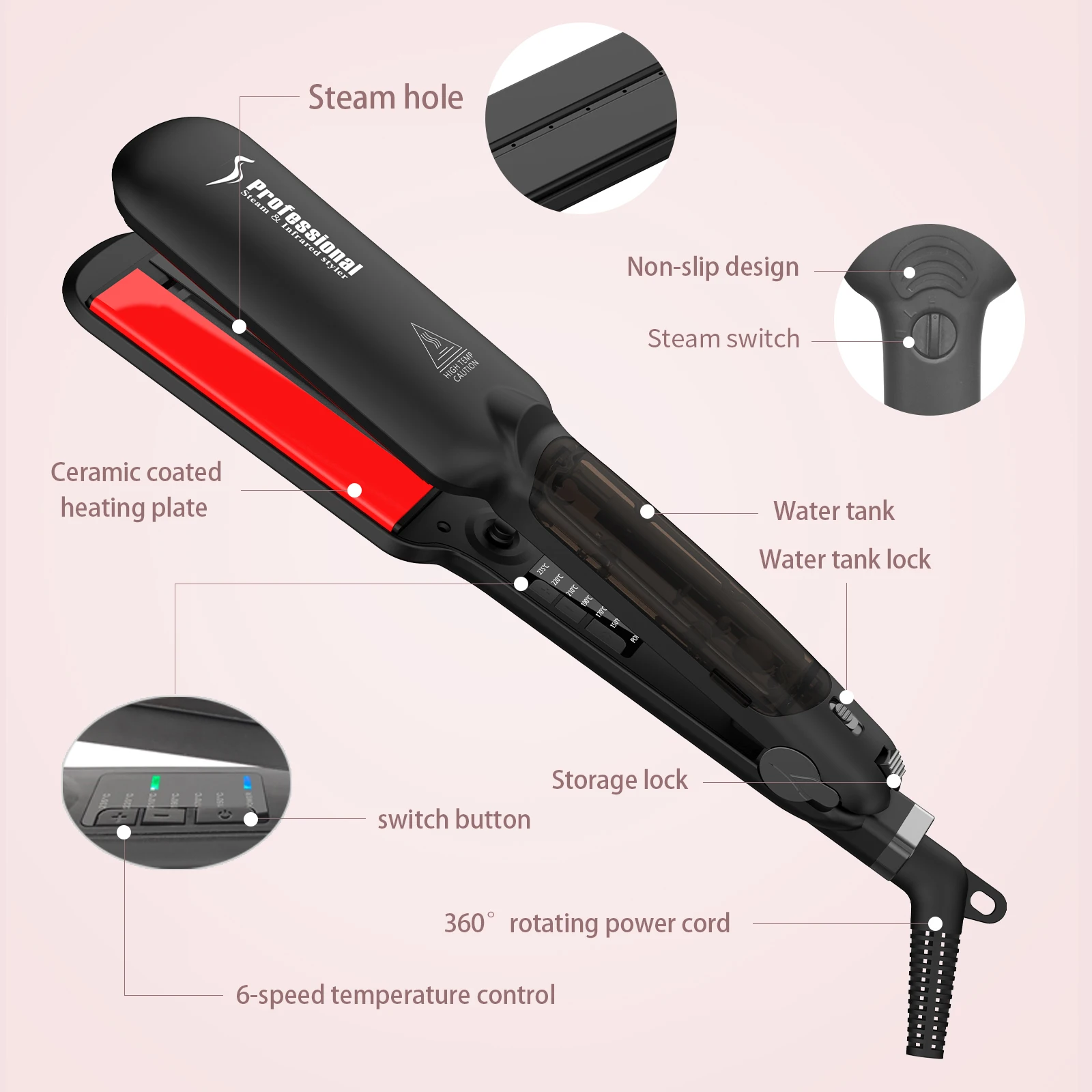 Professional manufactures Portable Private Label high-quality automatic steam and infrared hair straightener titanium flat iron