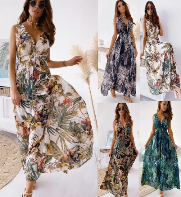 Sellers Europe Summer Dress 2022 Chiffon Boho Beach Maxi Dress Ladies A Line Casual Floral Womens Dresses