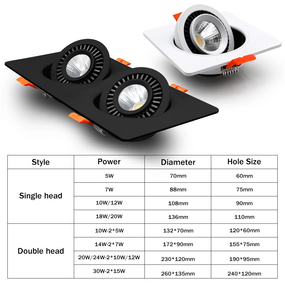 
Black White Anti Glare Spotlight Led Recessed Lights Single/Double Head Dimmable Adjustable Led Spotlight 360 Degree Rotation 