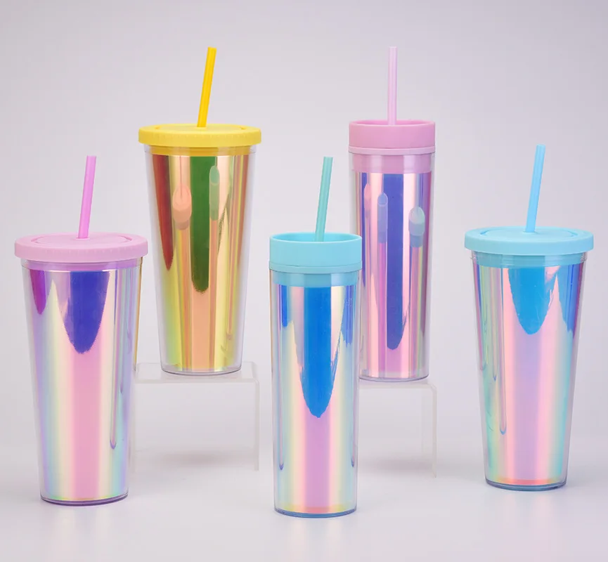 Wideal Factory direct supply double-layer plastic straw cup outdoor can be set magic color beverage cup