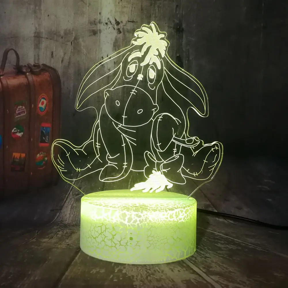 Home Decoration Cartoon Child Gifts Cute Gray Donkey Eeyore Crack Base 7 Colors Change USB Touch Acrylic 3D LED Lamp Night Light