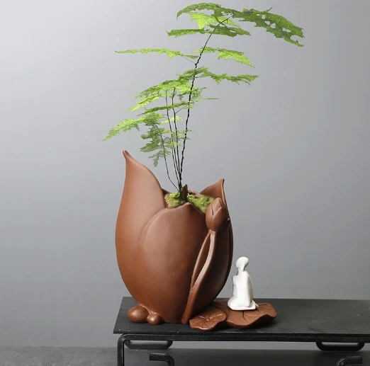 Pothos and Pilea Peperomioides Hydroponic Purple Clay Flower Vase Desktop Succulent Lucky Bamboo Zen Style Ceramic Potted Plant