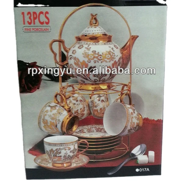 
13pcs with stand Porcelain tea set, cup and saucer, gold plated tea set 