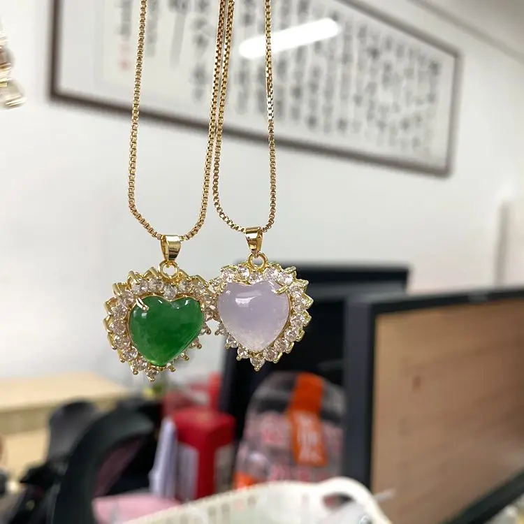 Jialin Jewelry Chinese jade fashion green jade 18k gold plated natural jade heart pendants diamond around heart pendant necklace