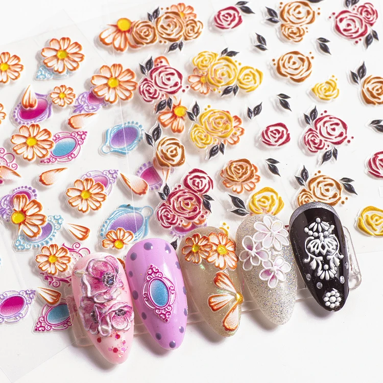 40 colors 6d nail flower sticker decoration water decals nail art stickers 5d embossed water transfer nail sticker