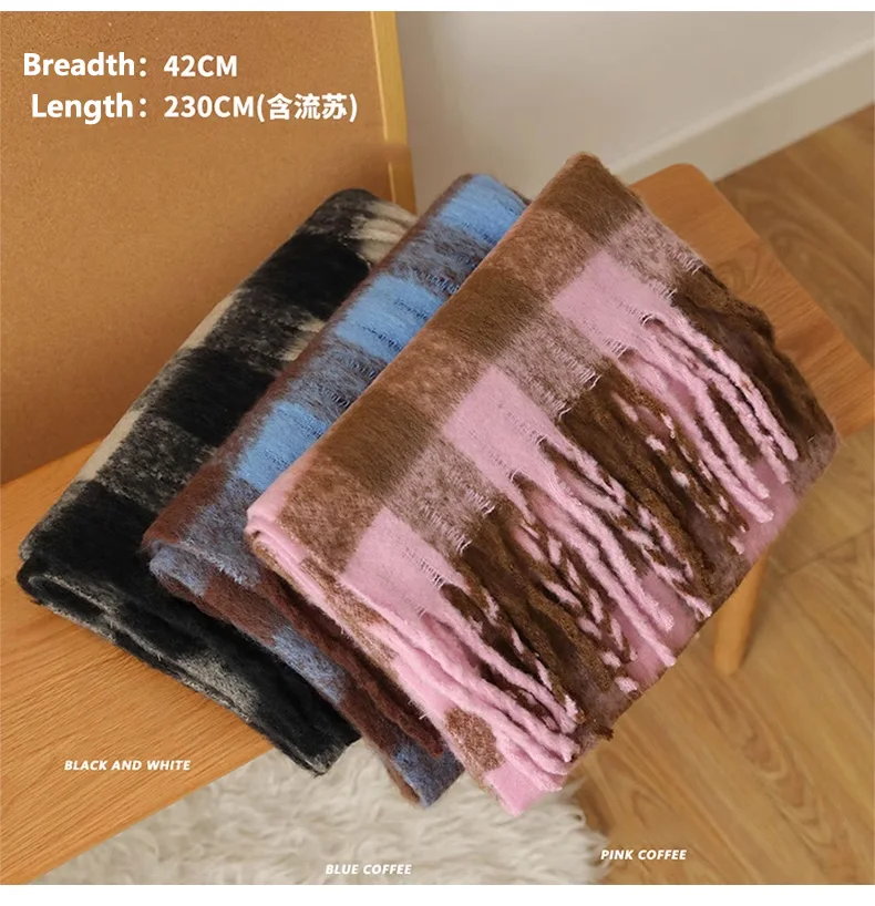 Blue scarf female winter senior sense Korean version of all students mohair checkered bib cape