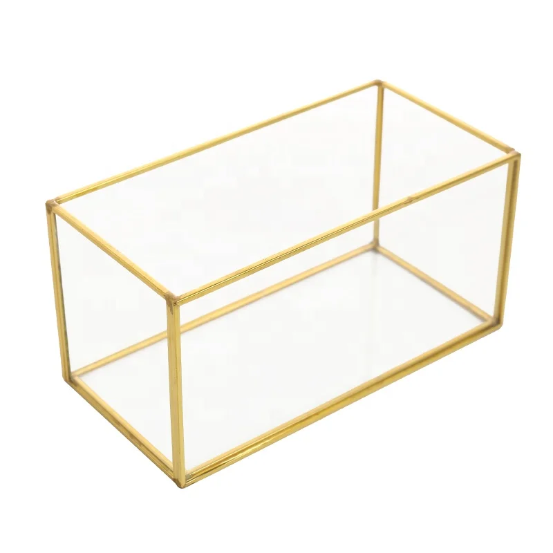 Factory Directly Sale Rectangular Geometric Copper Metal and Glass Terrarium Pot Vase for Indoor Air Plant Succulent Cactus