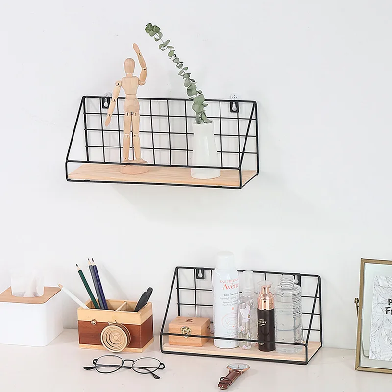 Decoration Minimalist Mounting Organizer Metal Frame Wood Float Antique Wall Shelf For Storage