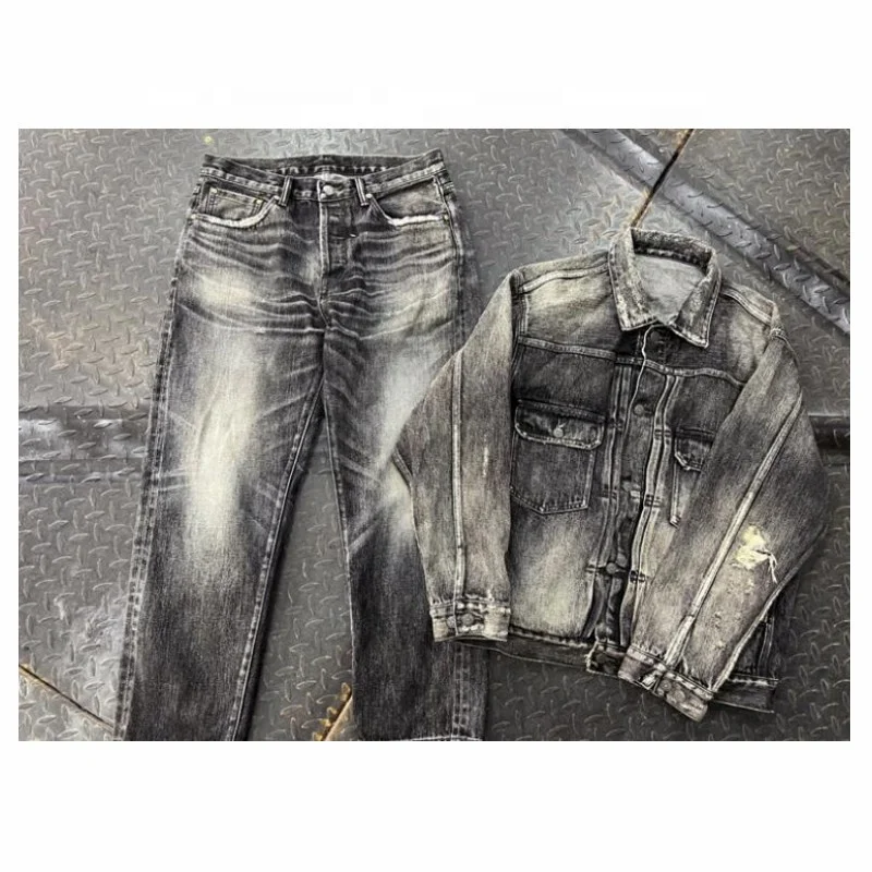 Lotfeel Custom High quality vintage heavy wash selvedge distressed ripped gray jeans