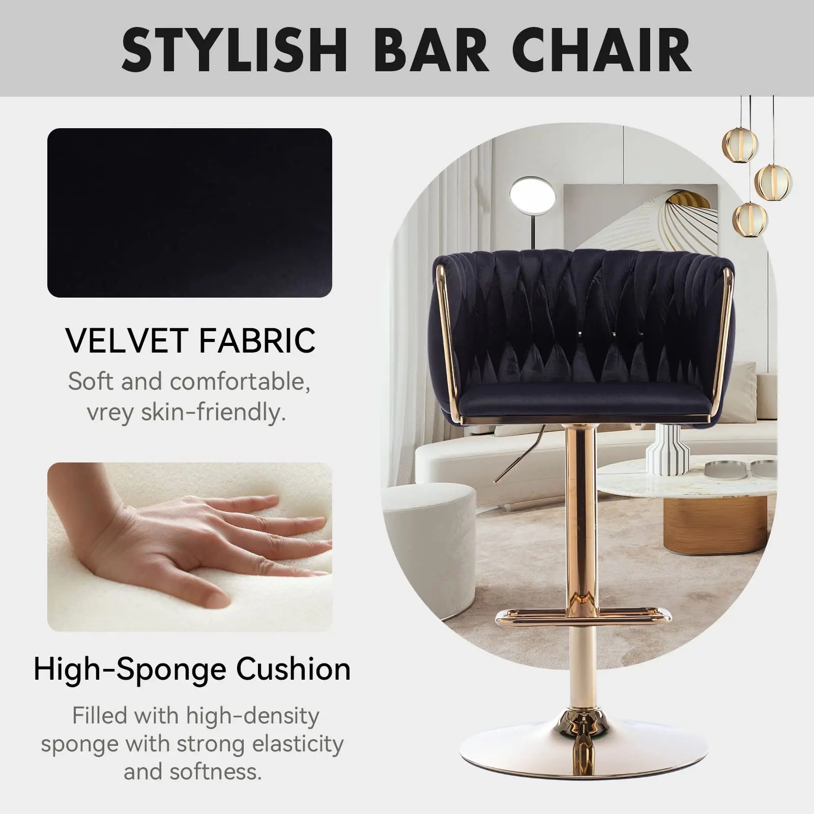 Unique Design Hot Sale Luxury Gold Height Adjustable And 360 Swivel High Chair Bar Stools For Kitchen