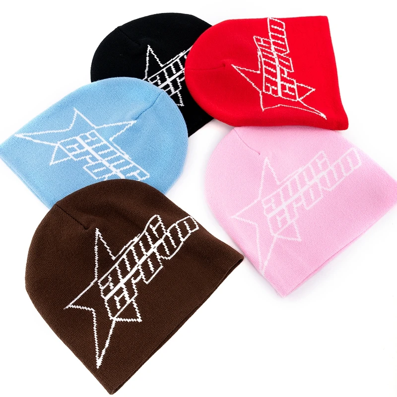 Customized stretchable rib knit fabric 100% Acrylic beanies hats all over logo knitted jacquard winter skull beanie caps