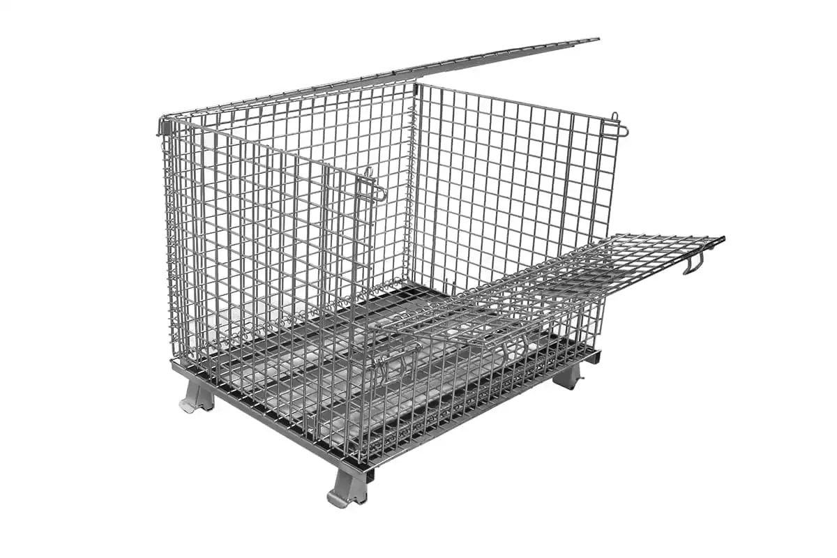 Metal folding storage bin cage wire mesh container with top lid for pallet