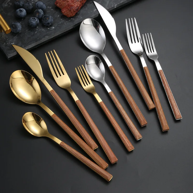 Flatware Spoon Fork Knife Stainless Steel Wooden Plating Handle Cutlery Set