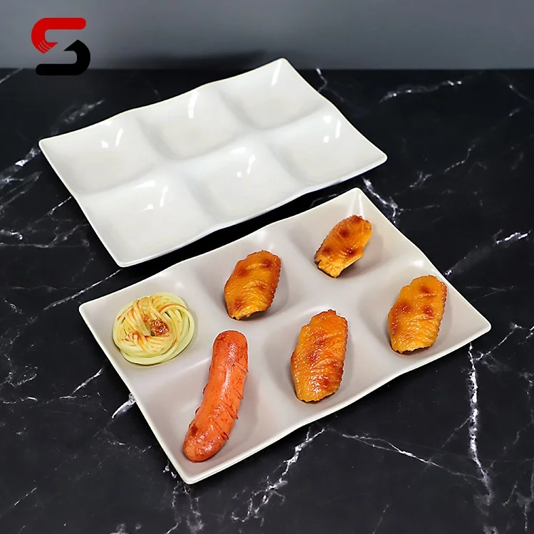 Matt 6 Compartment Divided Food Plate Rectangle Ceramic Plates Dinner Serving Tray For Hotel Restaurant