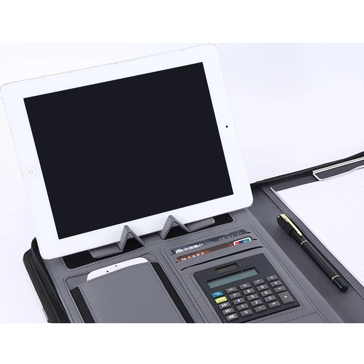 A4 multifunctional wireless charging treasure file folder with zipper mobile power business leather notepad folder