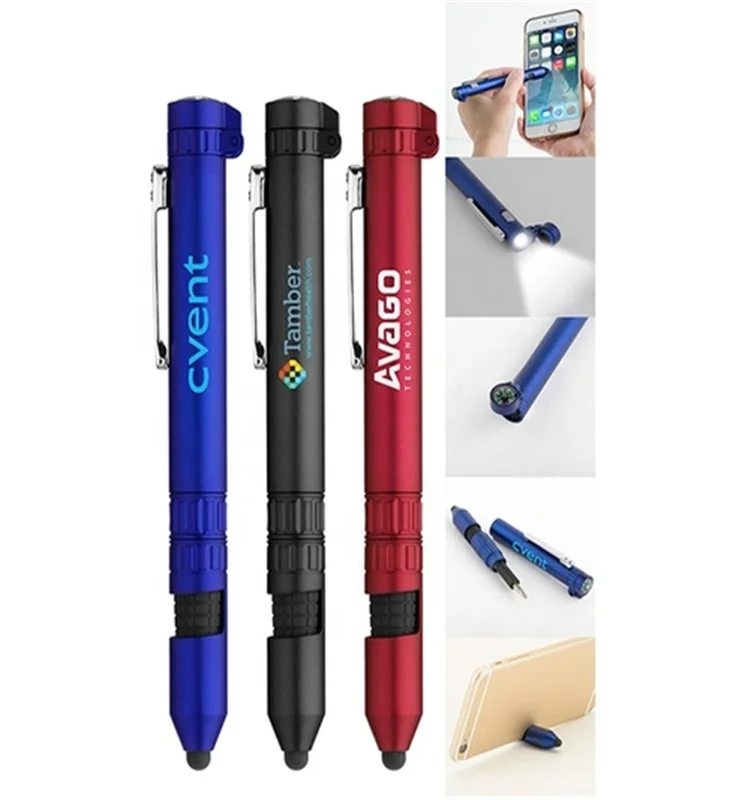 Multi-function 6-in-1 compass led mobile phone holder touch screen screwdriver ballpoint pen