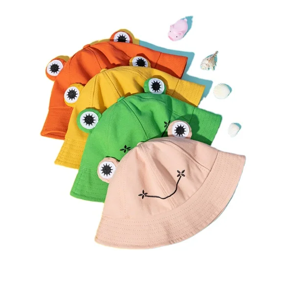 Spring summer cute frog embroidery foldable  cotton woman man bucket hat for outdoor sun  fishing  hiking