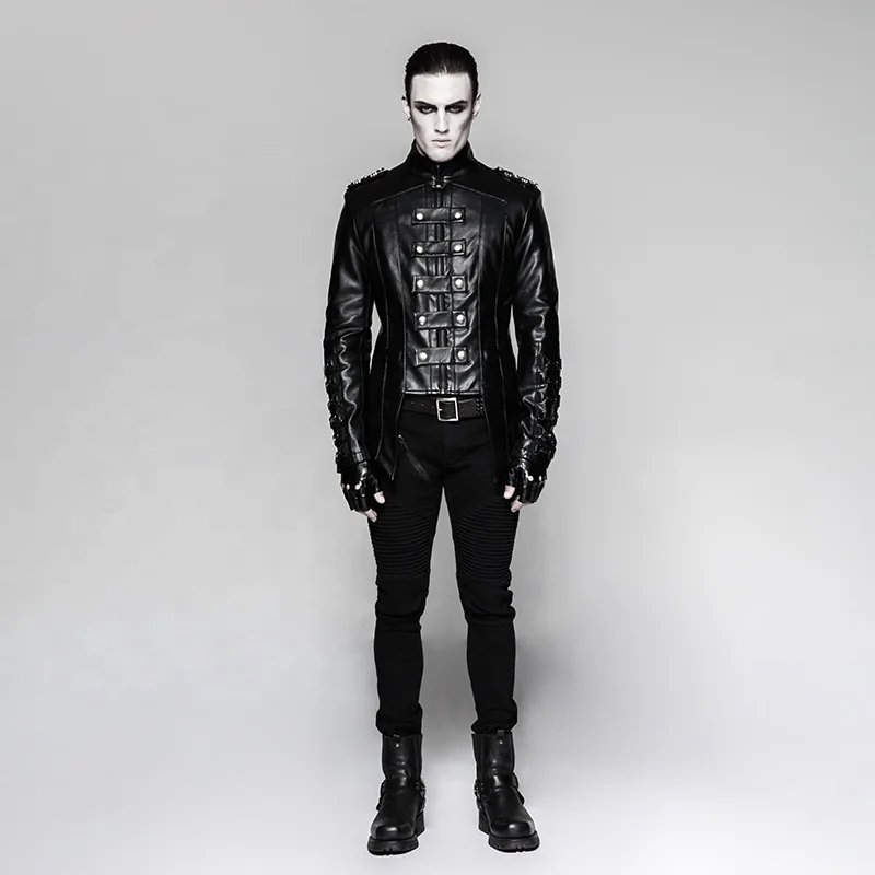 PUNK RAVE Y-746  Bright PU Stand Collar Metallic Zipper Up Men Leather Jacket